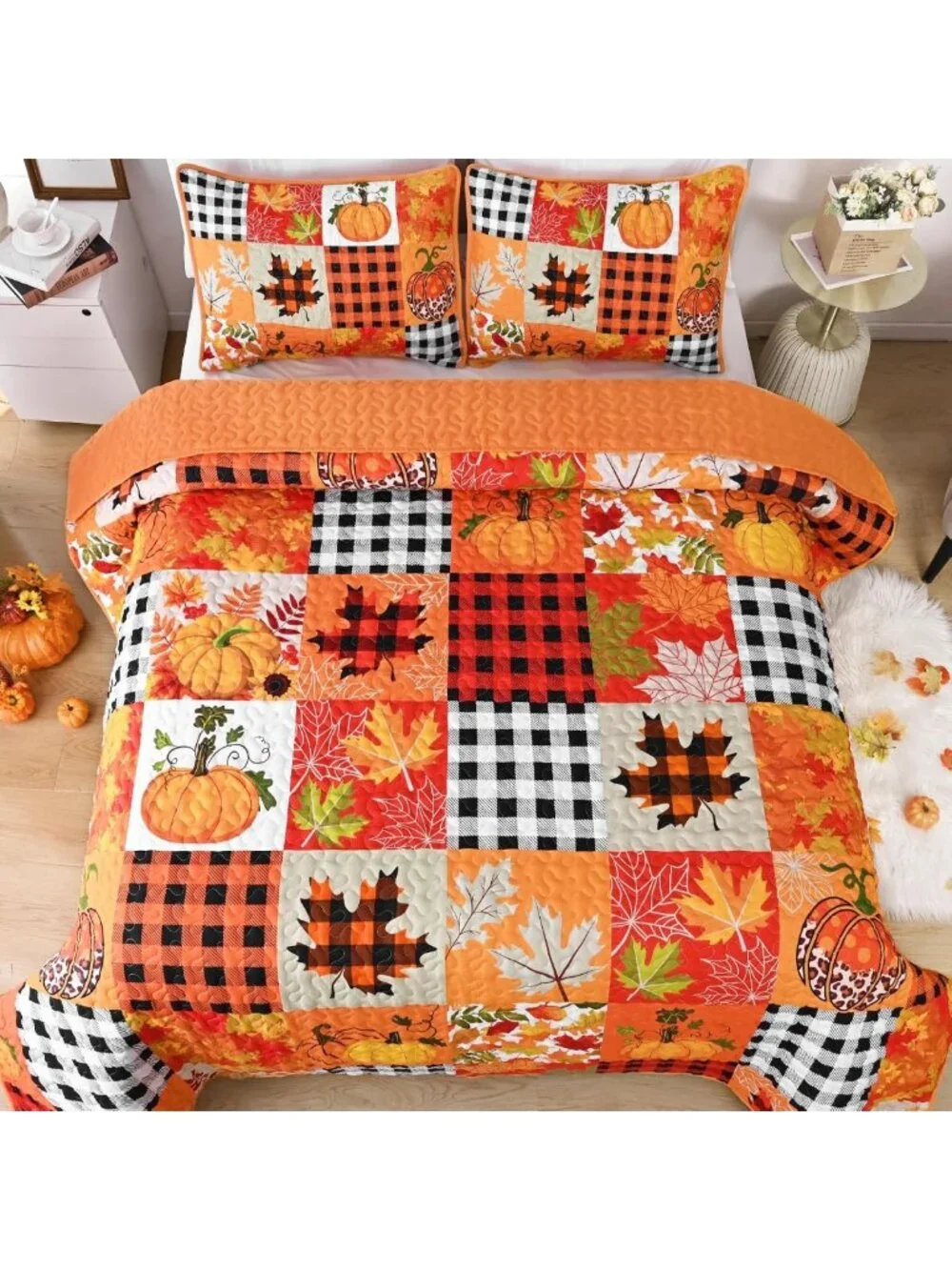 Cozy Fall Patchwork Quilt Bedding Set - Queen Size for Thanksgiving Decor